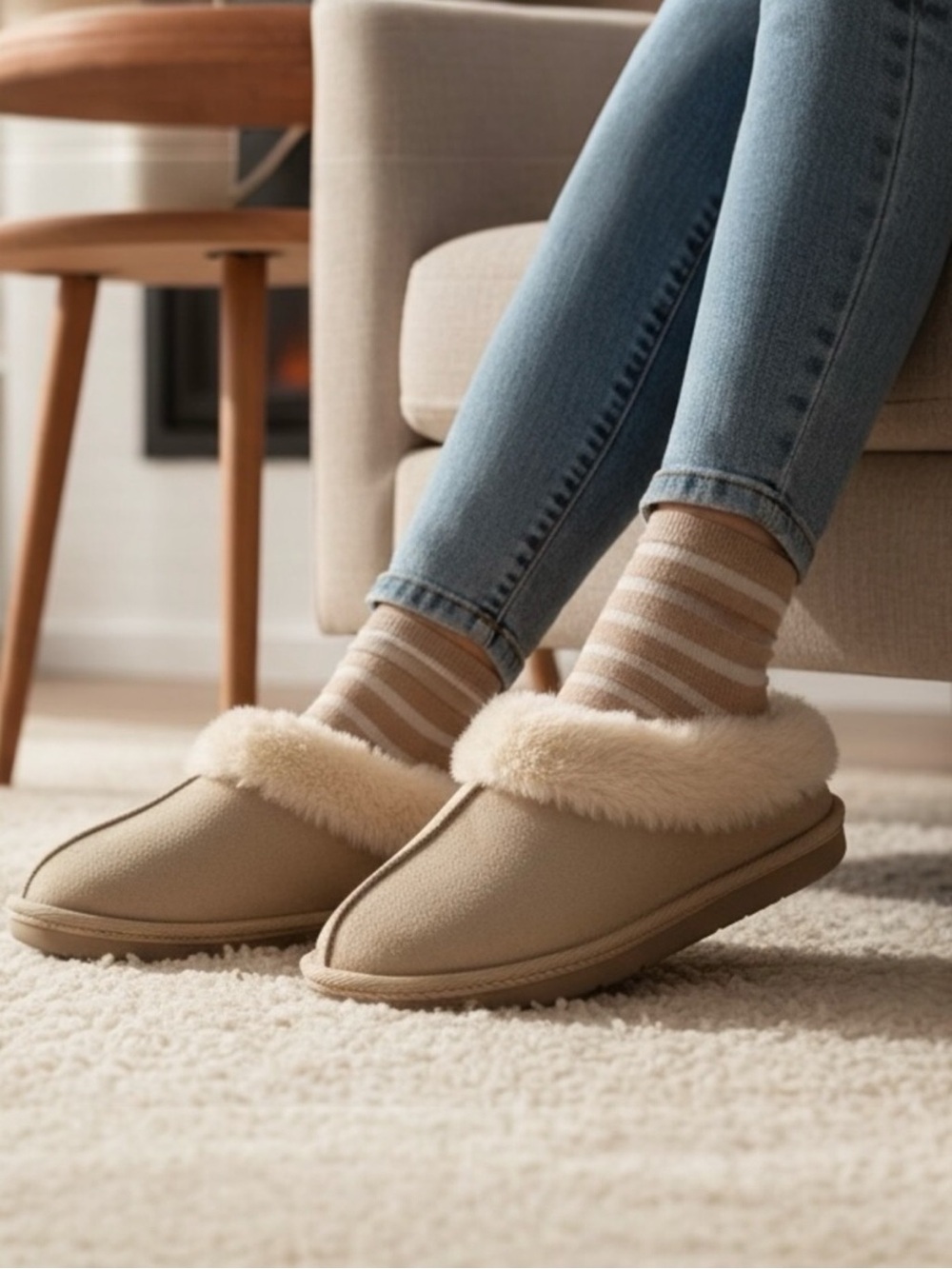 Airwalk Fur Trimmed Tan Suede Clog Style Slippers Size 6
